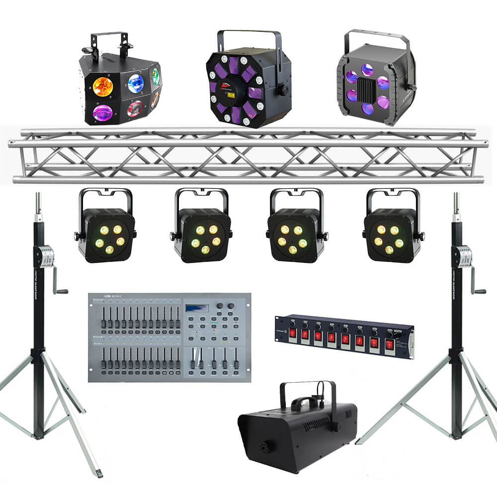 Nord Sound Systems vous propose à la location son Pack Lumière composé de 4 Pars et 3 effets LED, une machine à fumée, un contrôleur DMX.